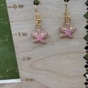 Pink Starfish Drop Earrings - Gold Tone